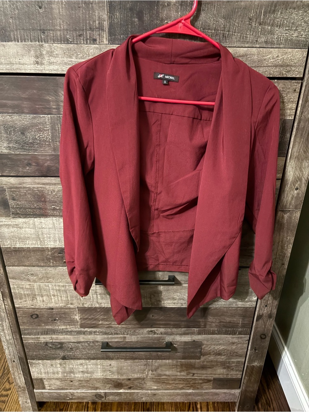 Michel Burgundy Draped Open-Front Blazer